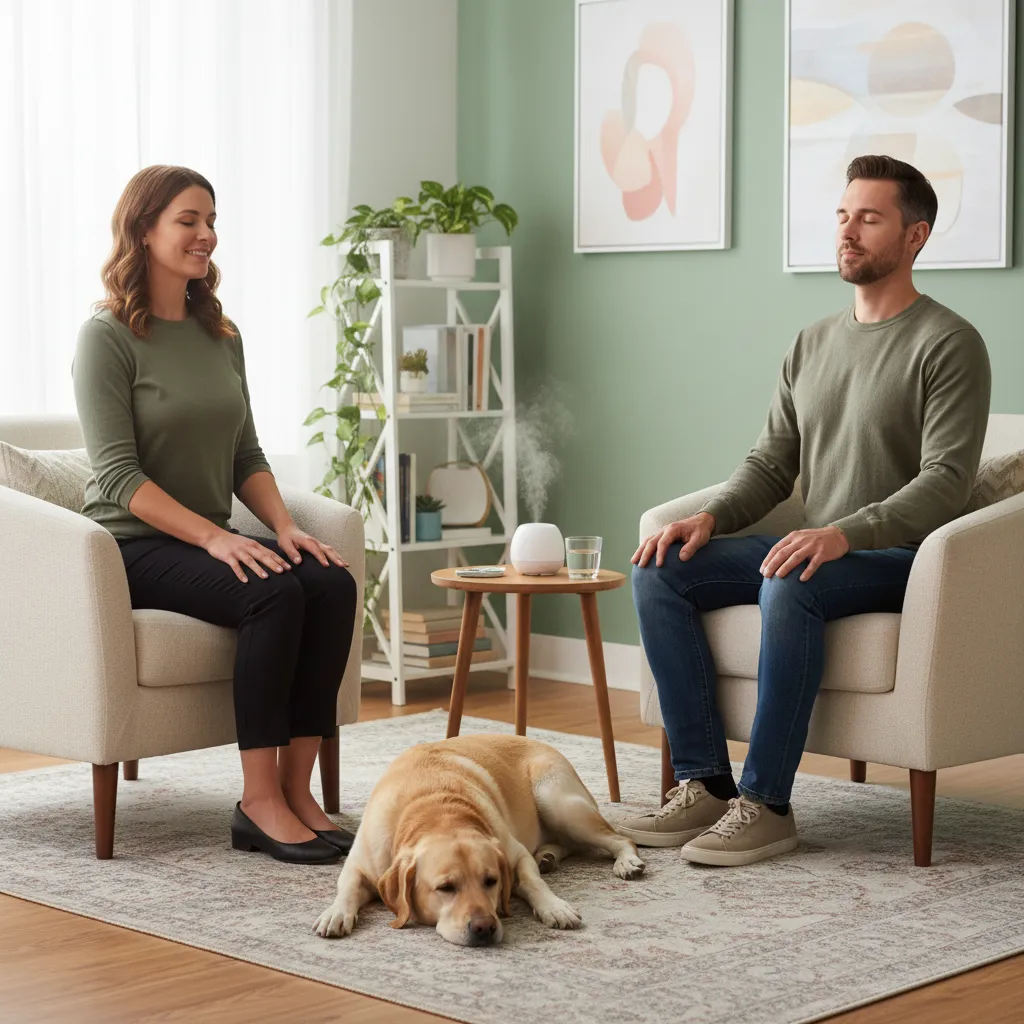 Psychologist guiding breathing exercises with a therapy dog
