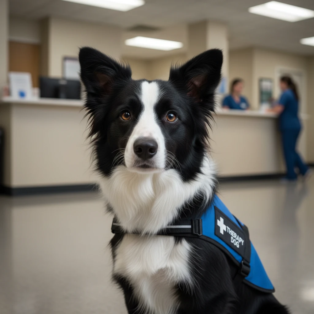 Certified therapy dog in New Zealand with vest