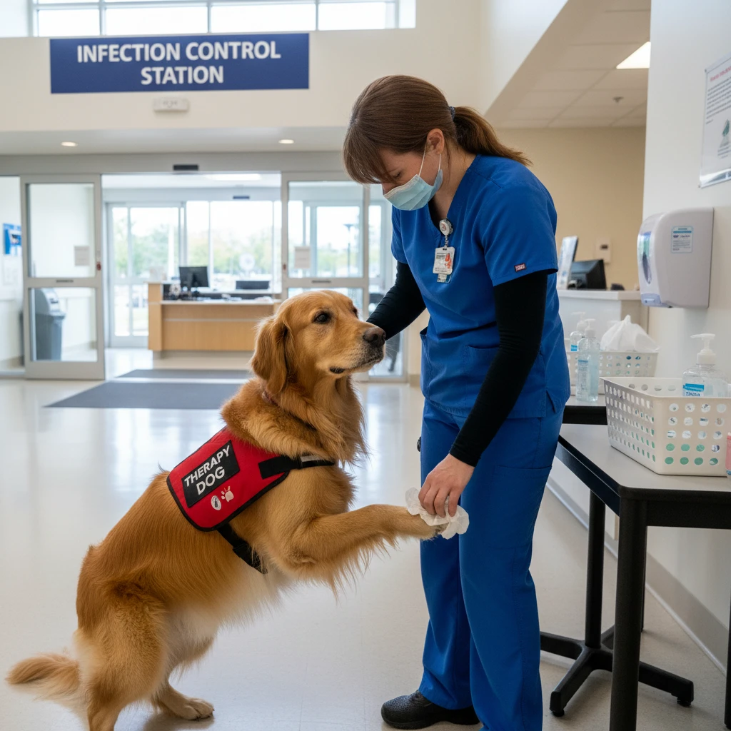 Therapy dog infection control protocols before clinical entry