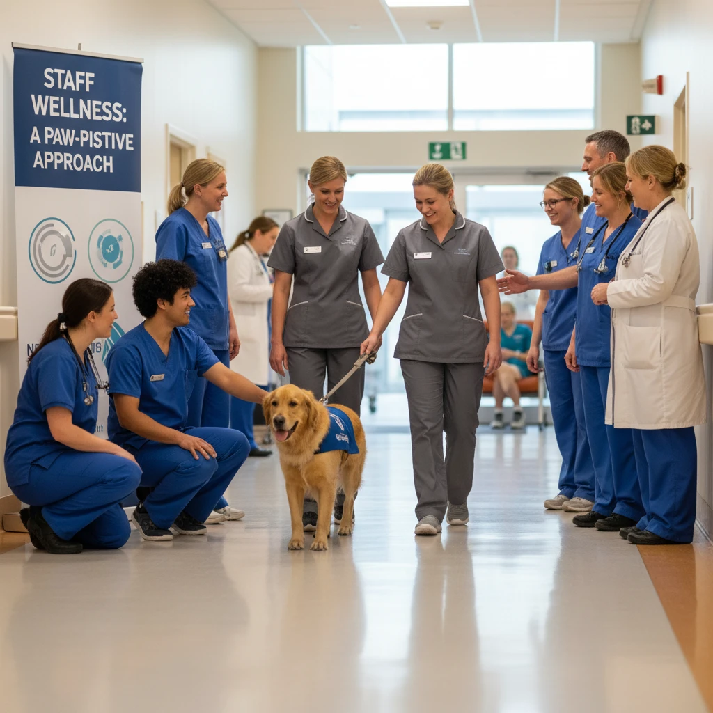 Therapy dog team conducting rounds in a New Zealand hospital