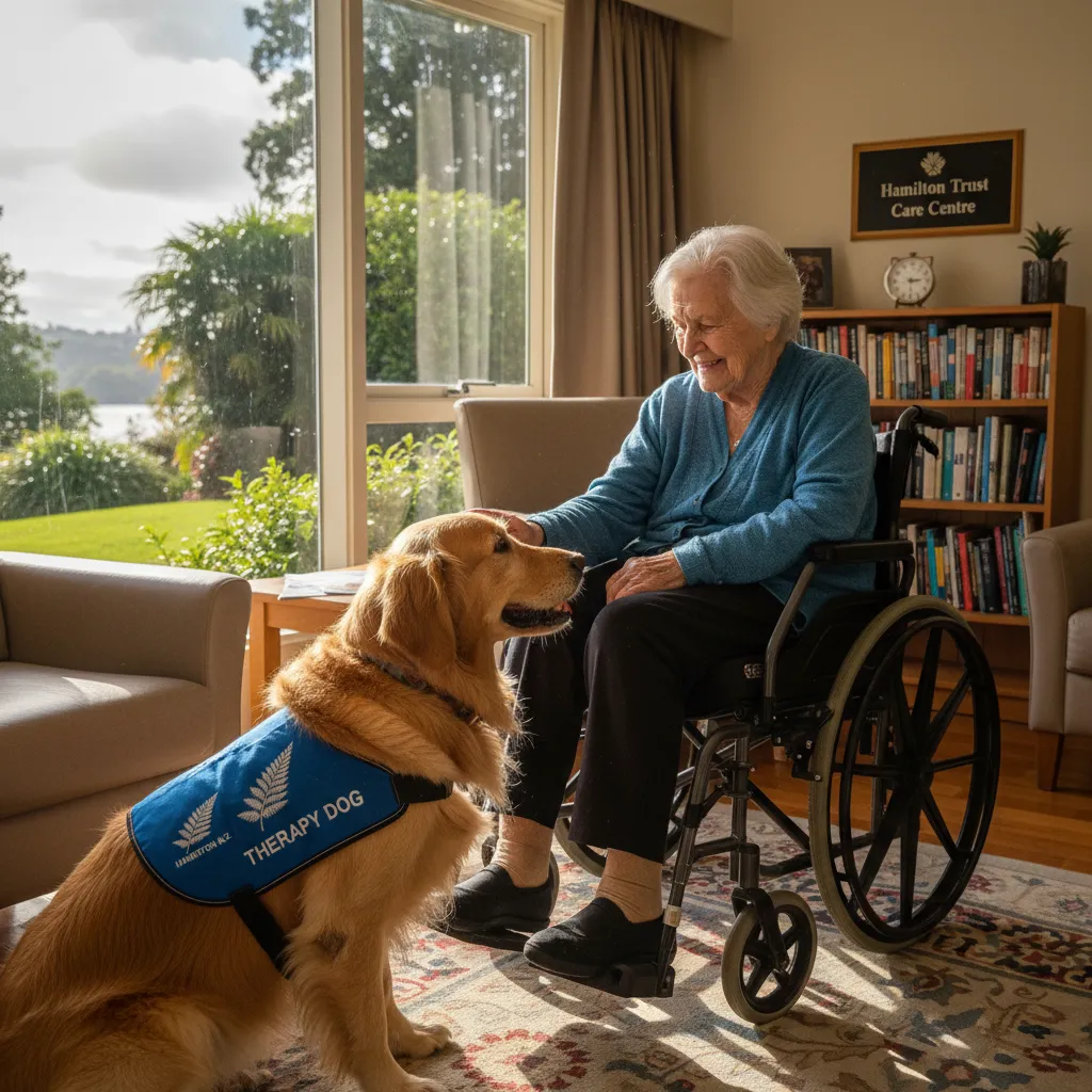 Therapy dog interacting with senior citizen in Hamilton care facility