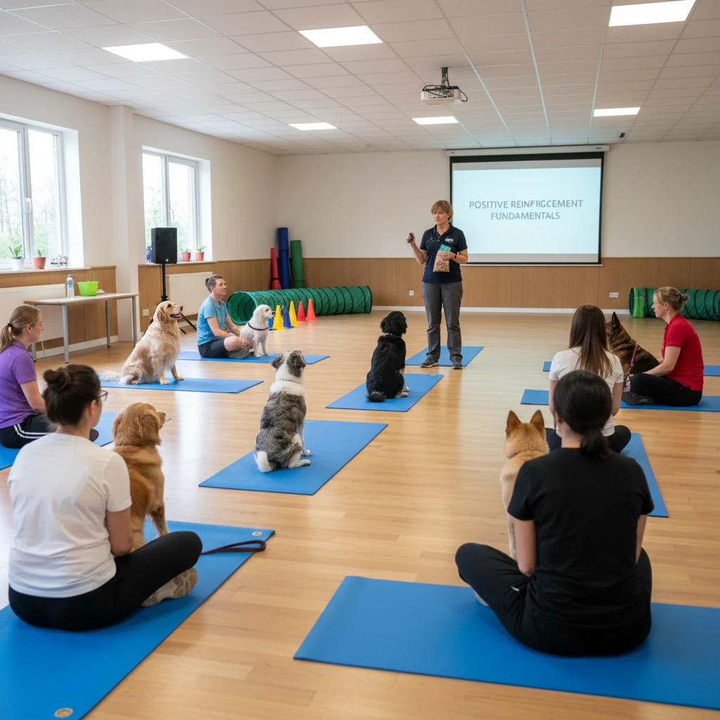 Group therapy dog training session in Hamilton hall