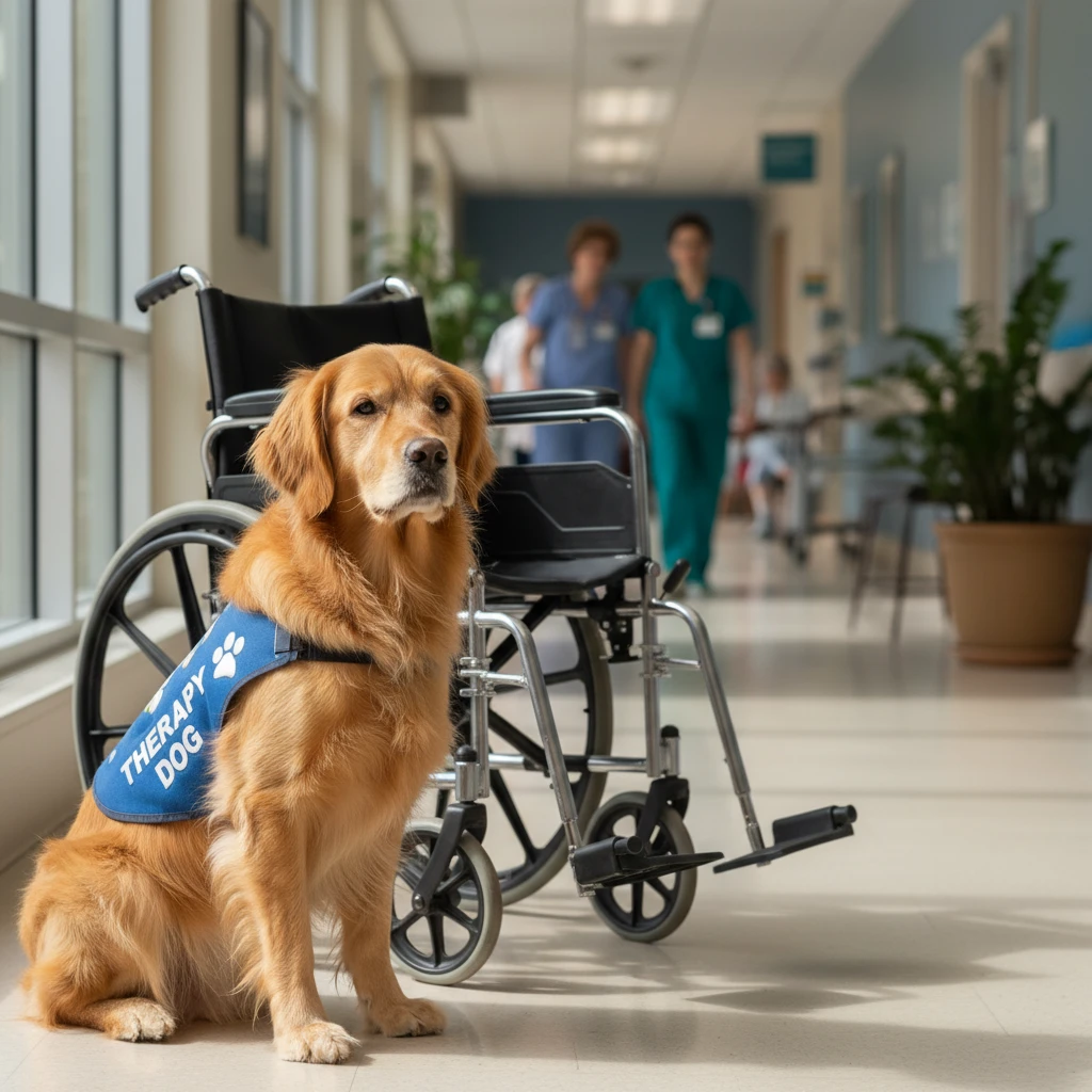 Therapy dog sitting calmly next to a wheelchair