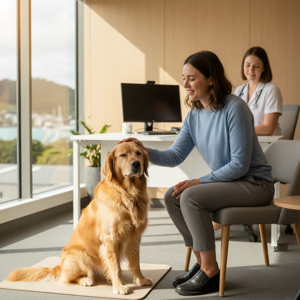 Golden retriever therapy dog in a Tauranga consultation room