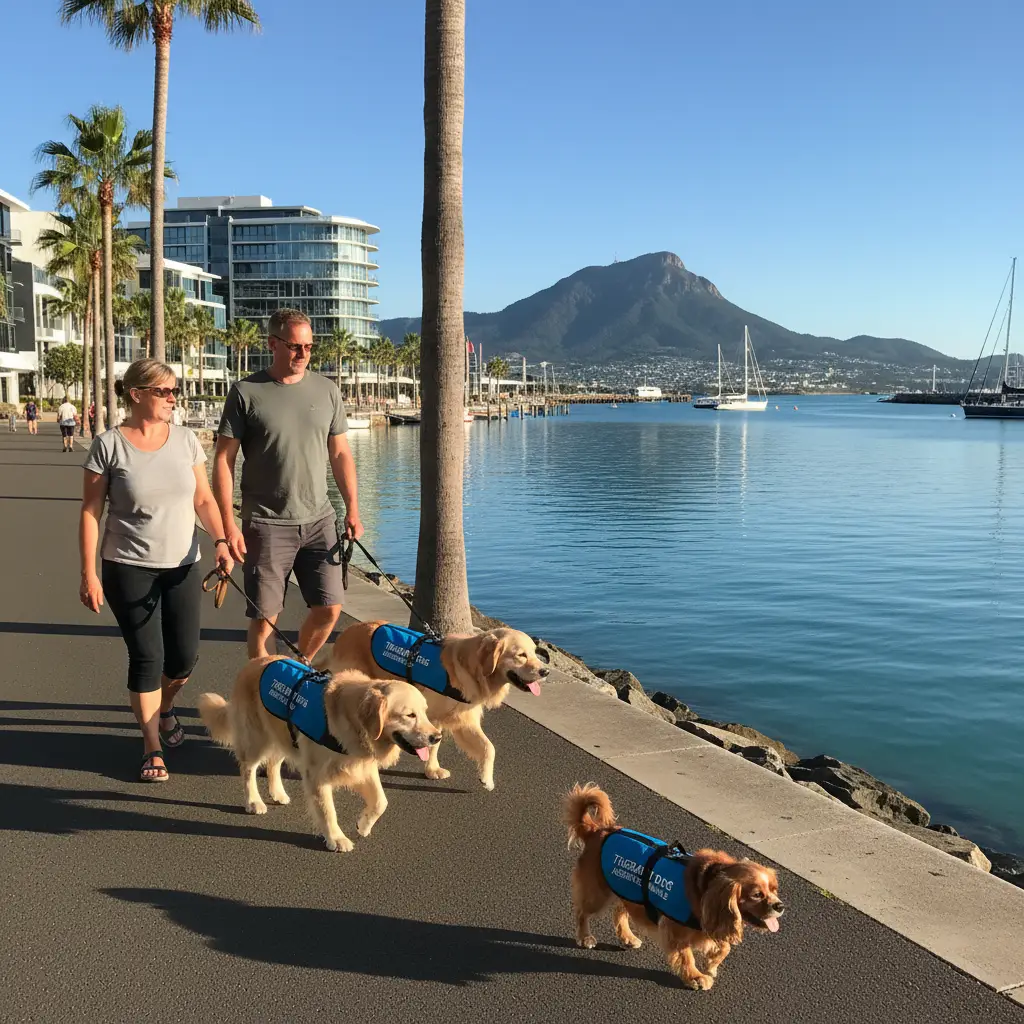 Therapy dog team walking near Mount Maunganui