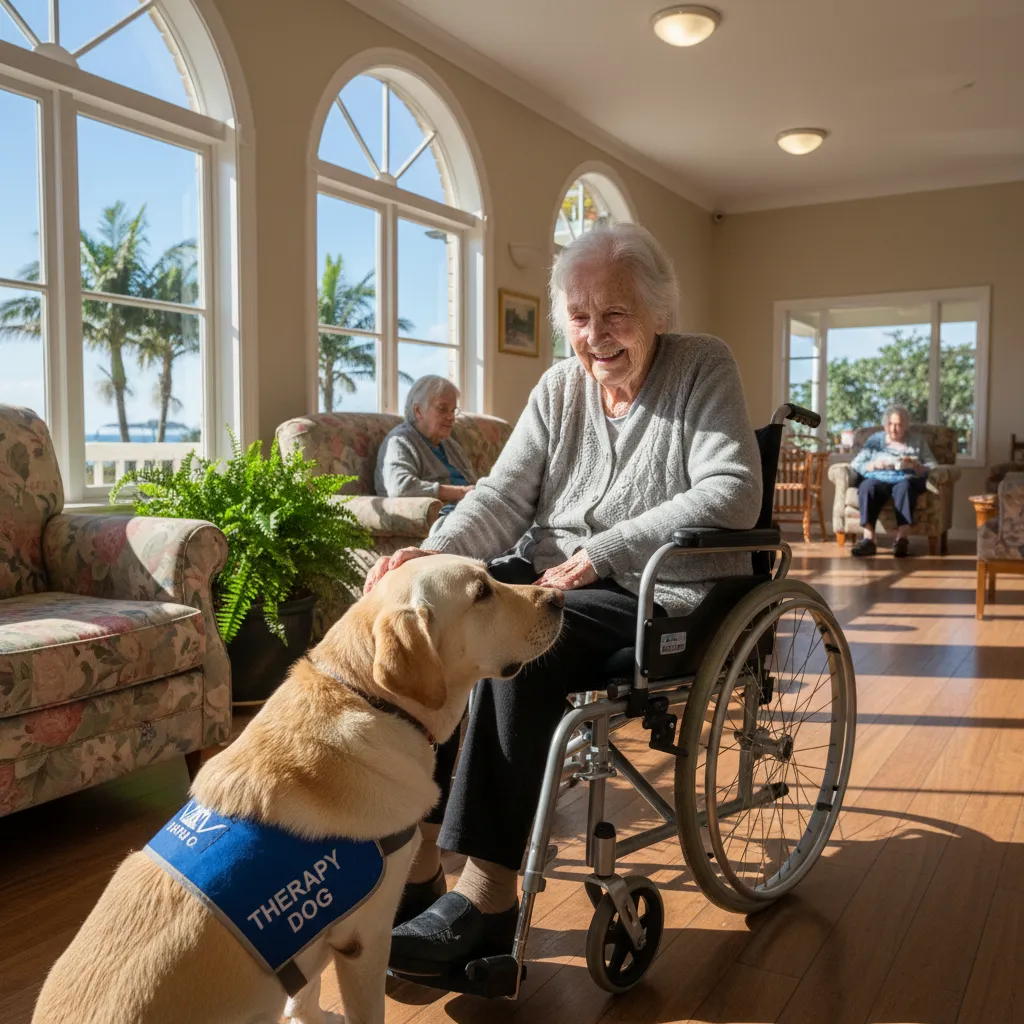 Elderly resident interacting with a therapy dog in a Tauranga rest home