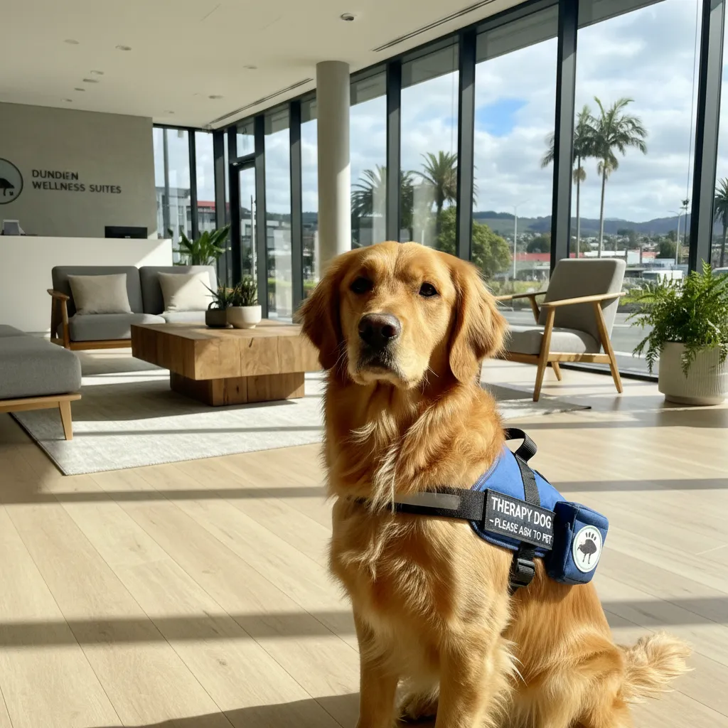 Professional therapy dog sitting in a Dunedin office lobby
