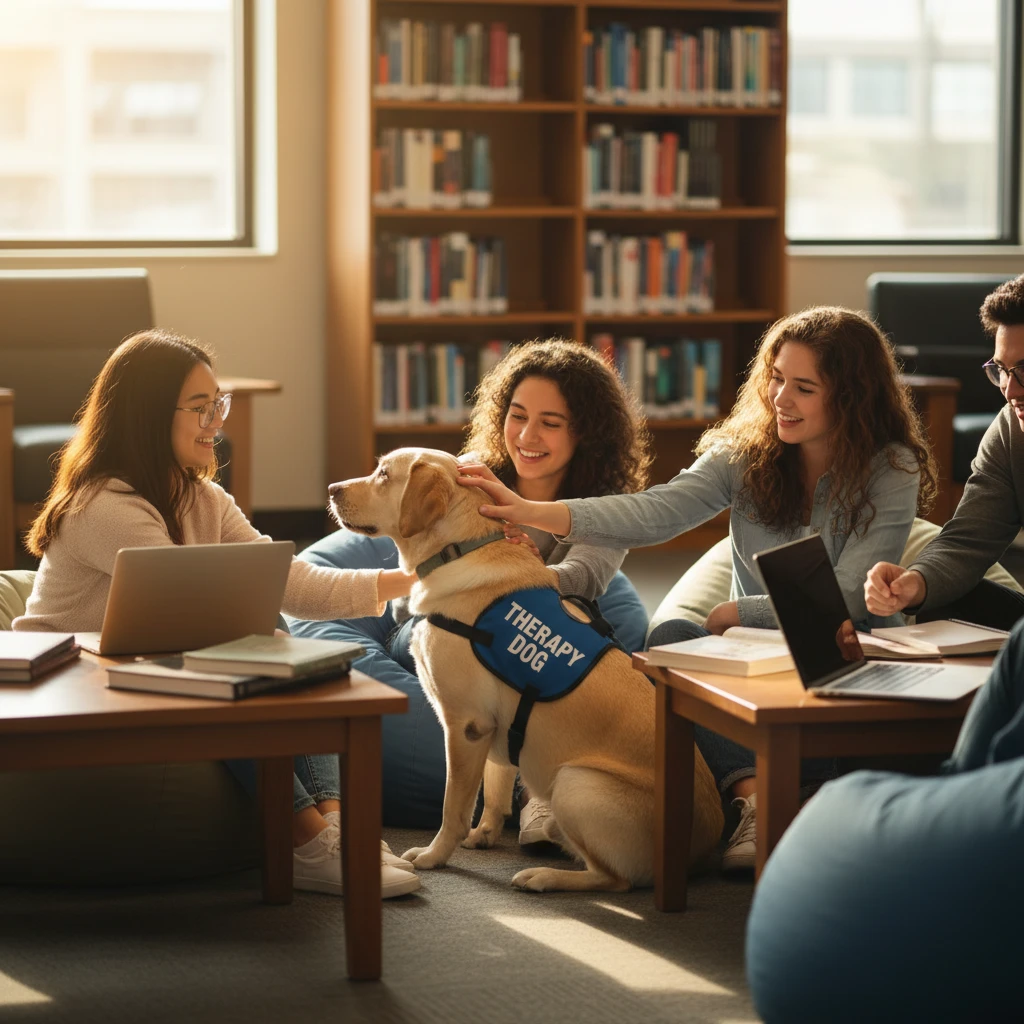University of Otago students interacting with a therapy dog during exam week