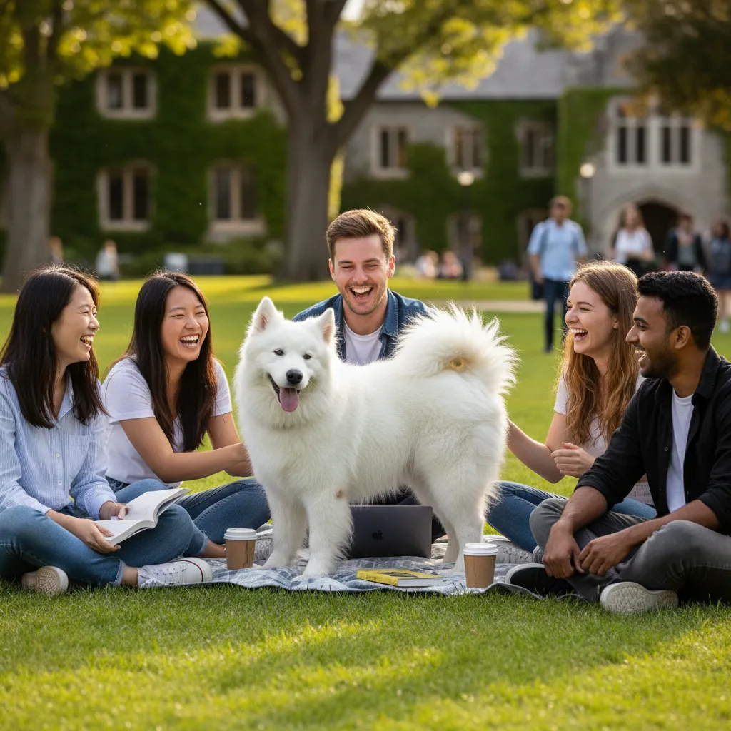 University students interacting with a visiting therapy dog on campus