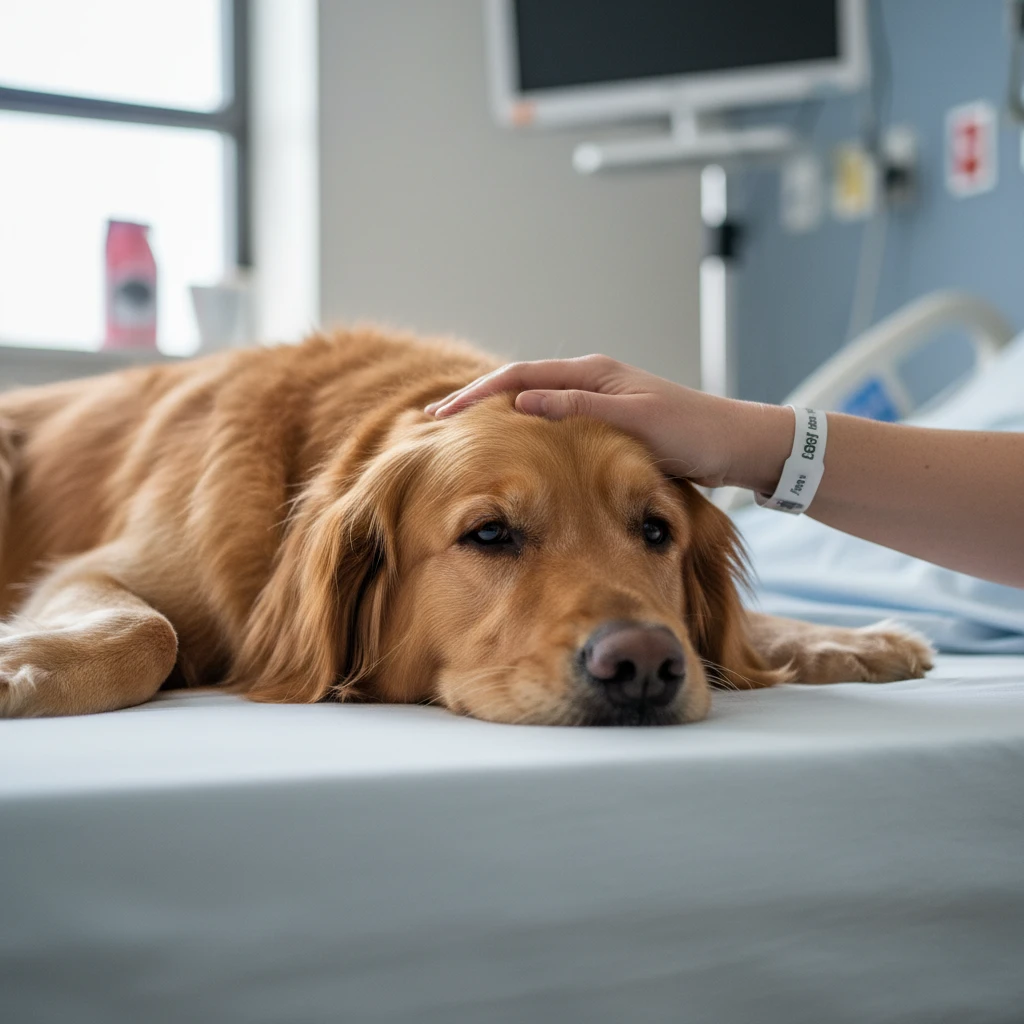 Visiting dog comforting a patient in a Palmerston North hospital