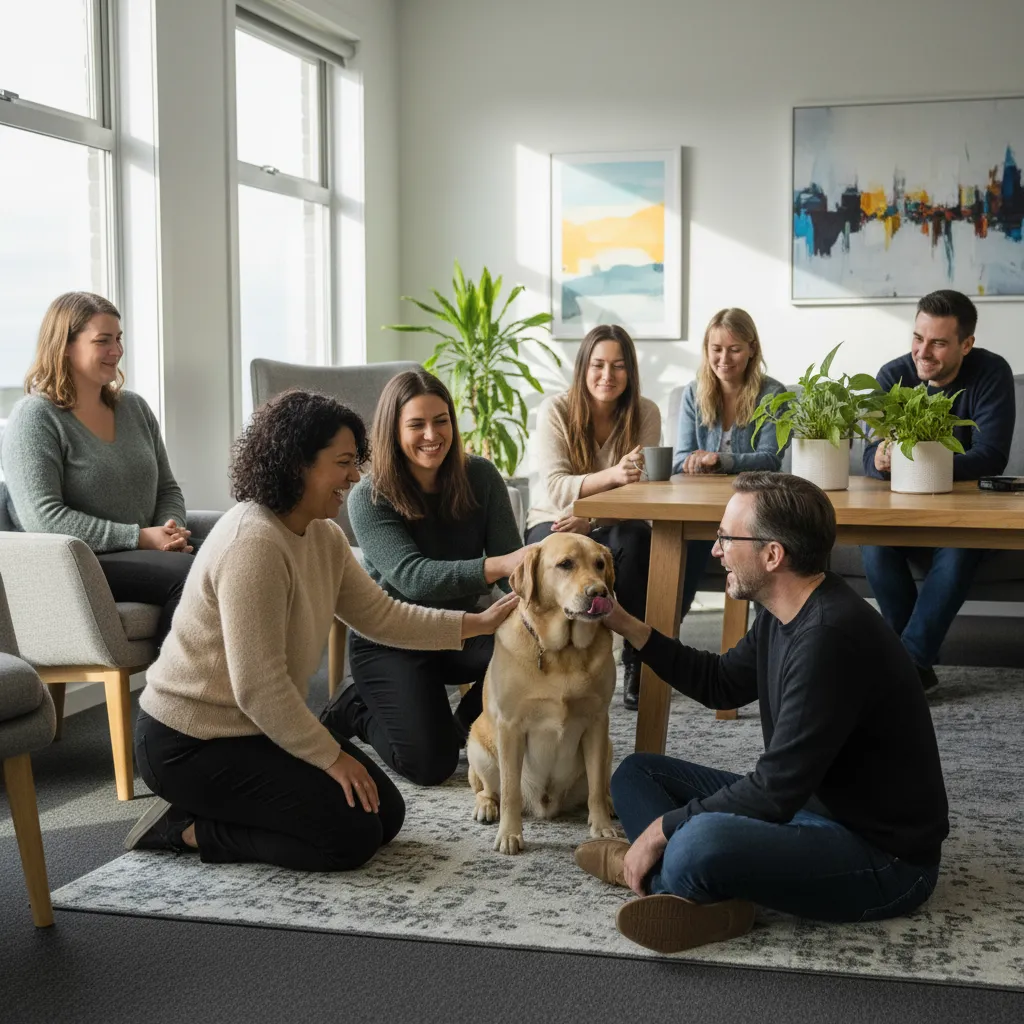 Employees interacting with a wellness dog in Hastings