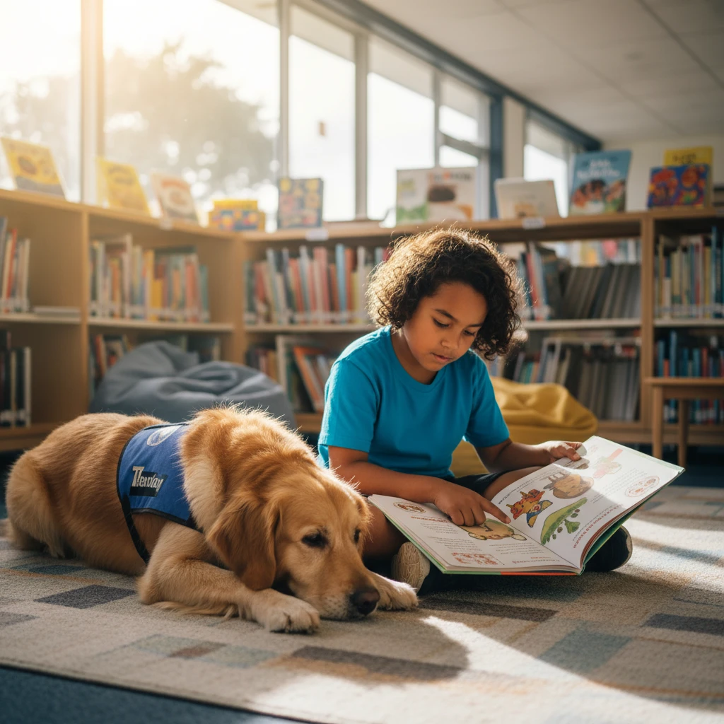 Child reading to a wellness dog in a Napier school