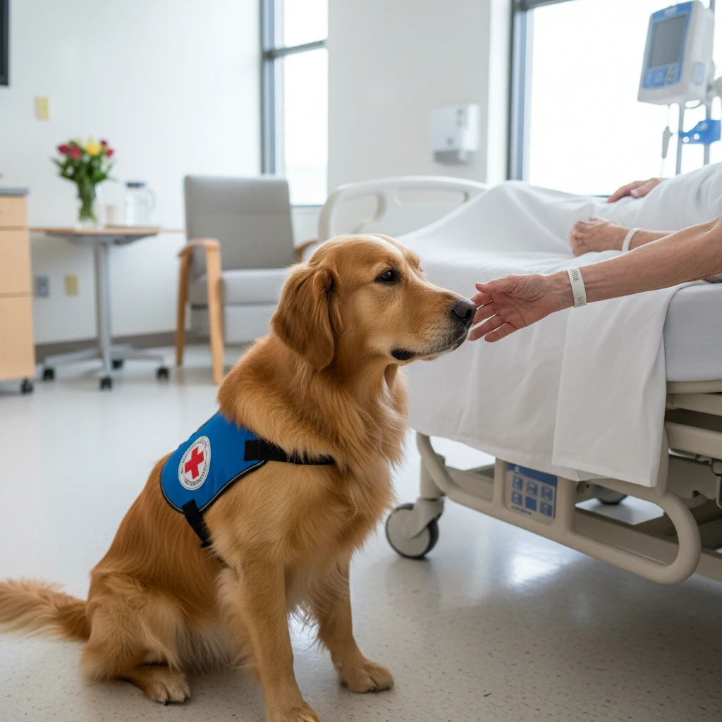 Therapy dog providing comfort in a medical setting