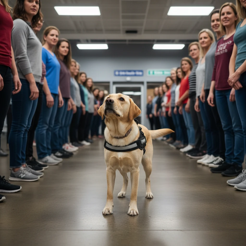 Dog walking calmly through a crowd