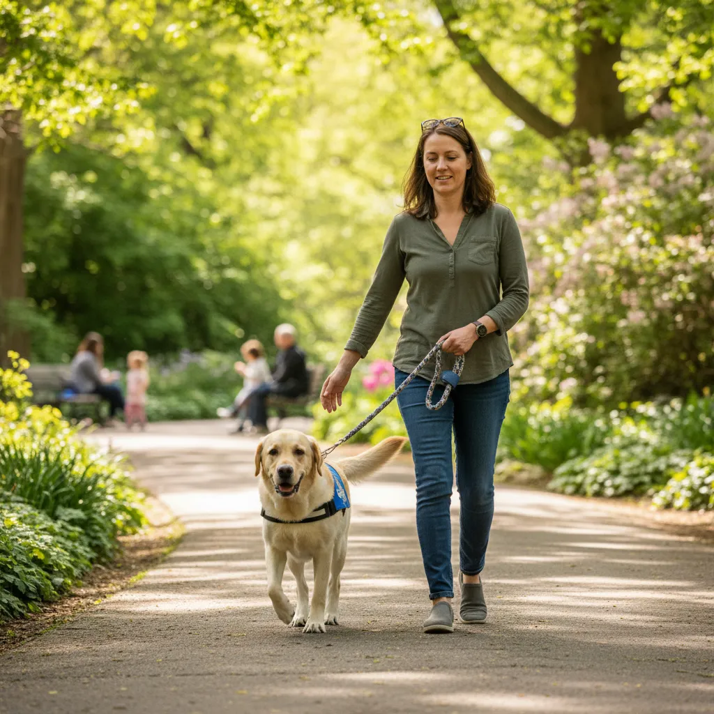 Therapy dog walking with handler