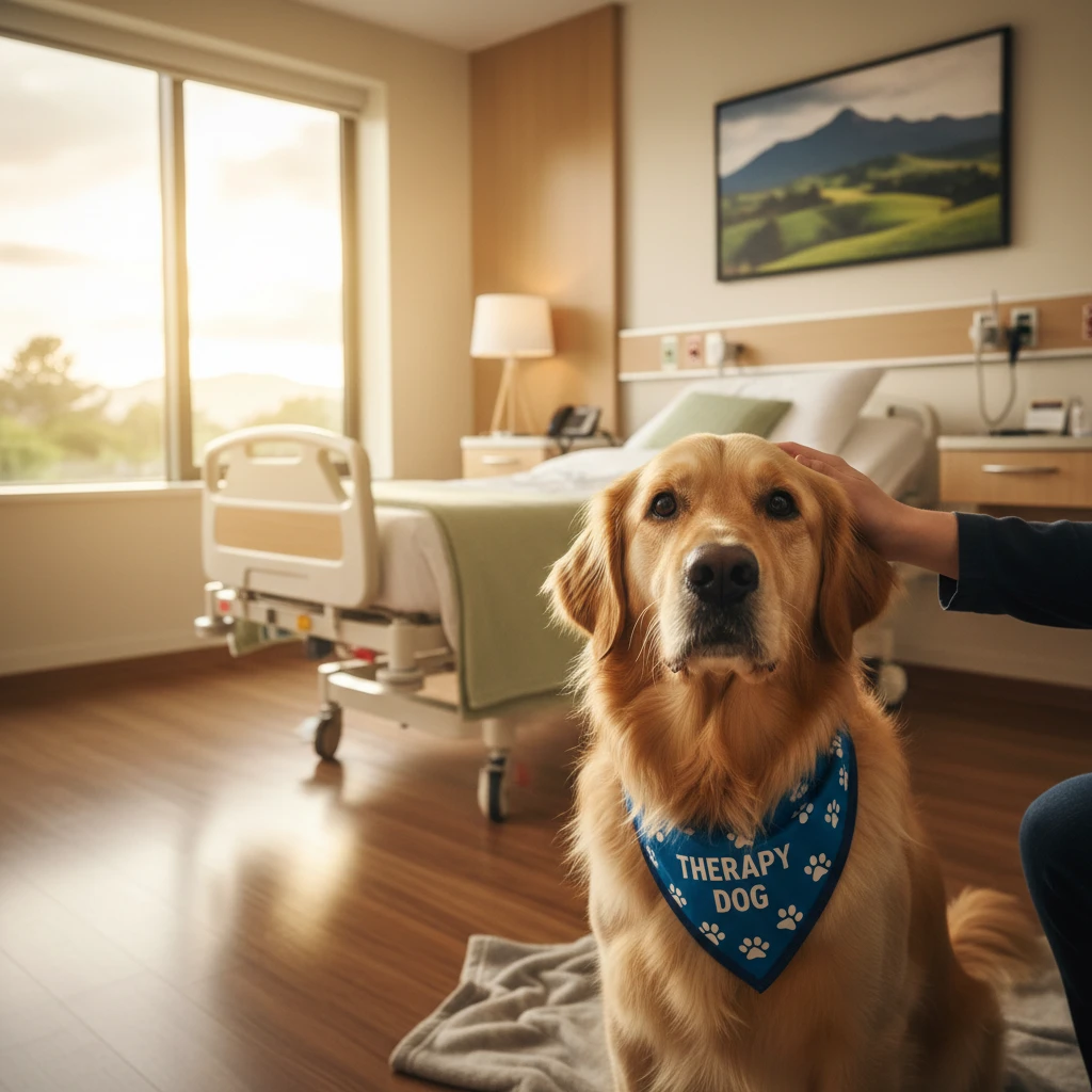 Golden Retriever therapy dog sitting by a hospital bed
