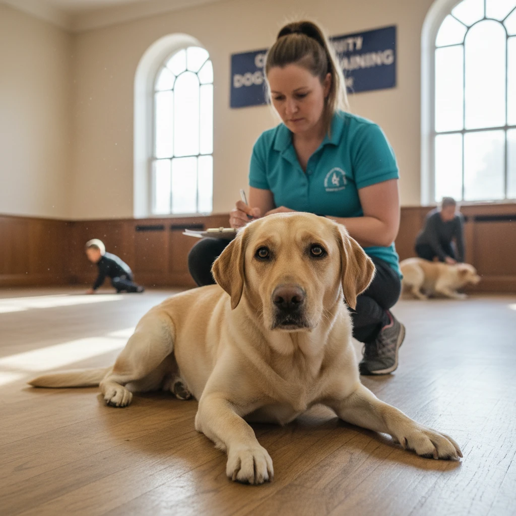 Dog trainer evaluating a Labrador for therapy work