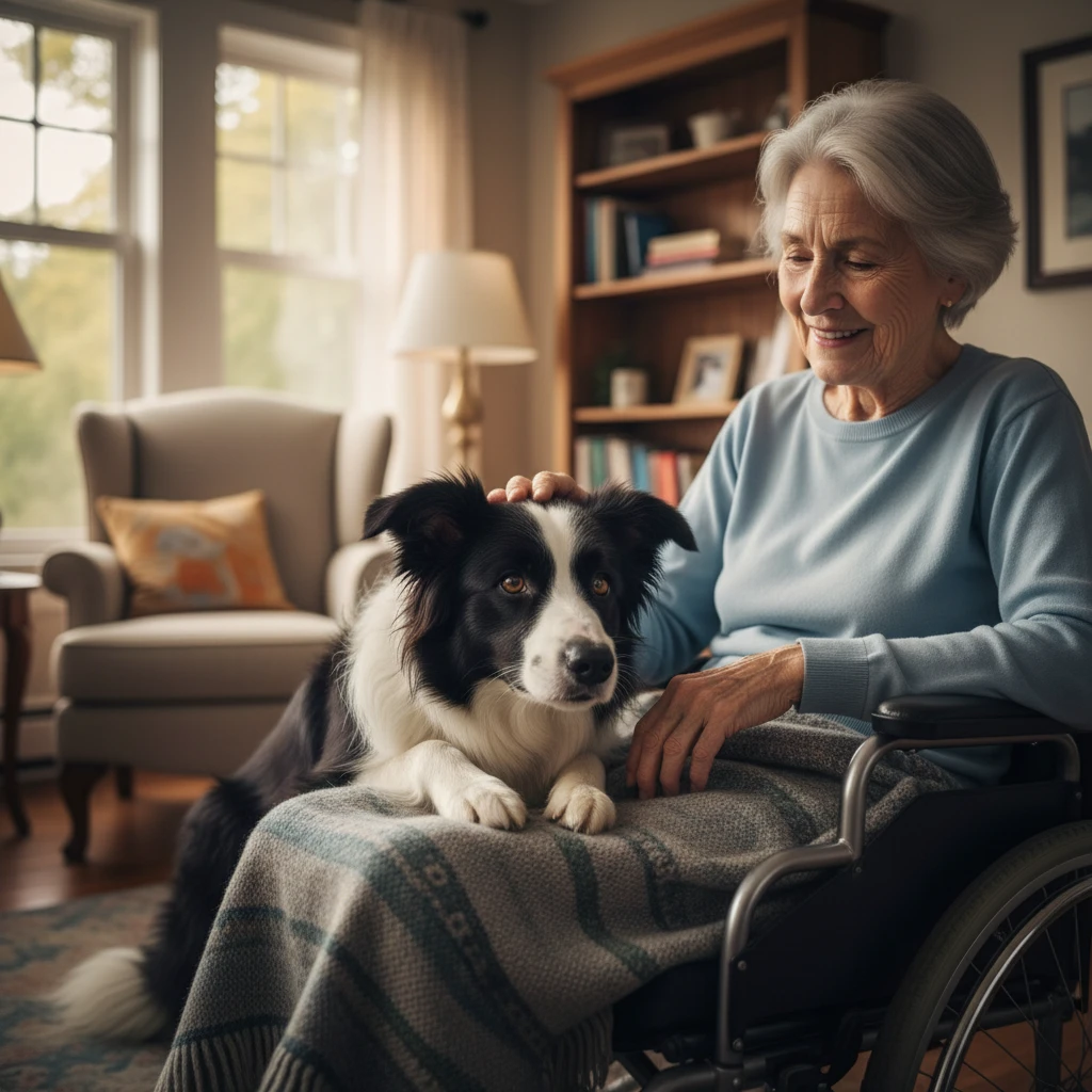 Border Collie interacting with person in wheelchair