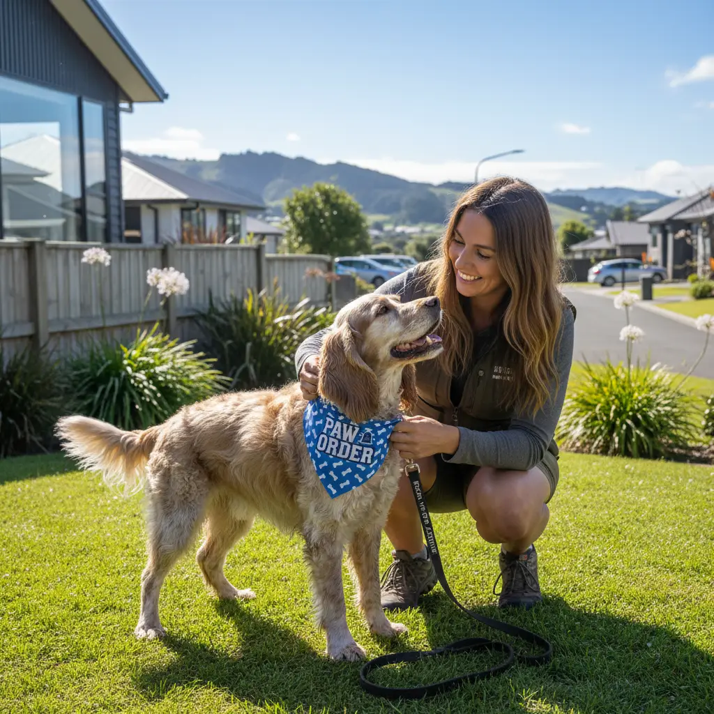Handler putting bandana on therapy dog