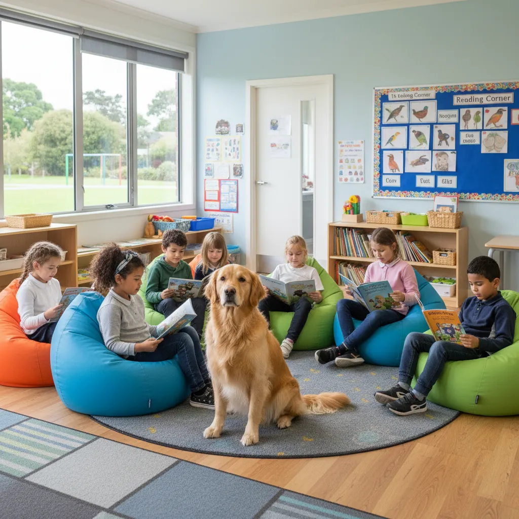 Therapy dog listening to students read in a New Zealand classroom