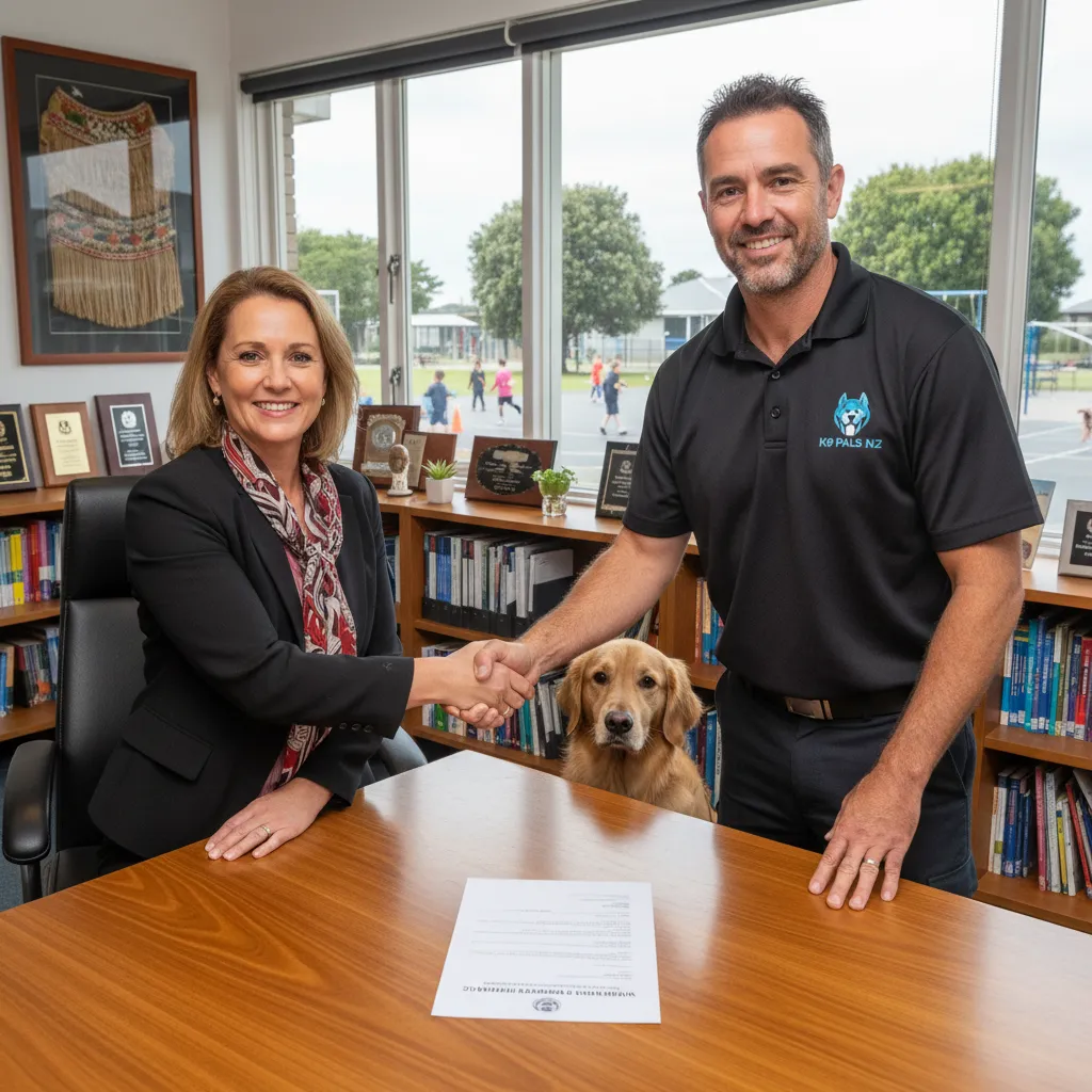 Principal and handler reviewing therapy dog policy documents