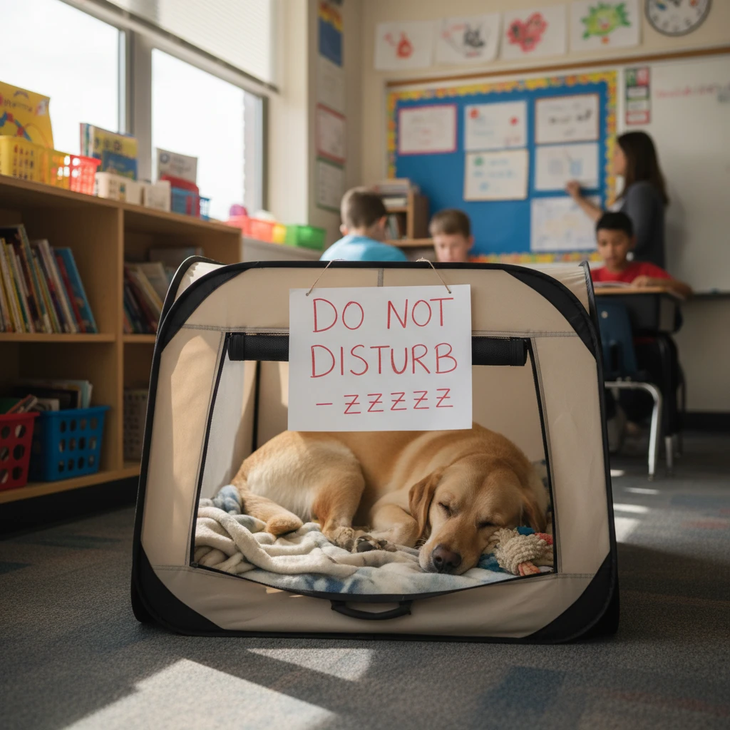 Therapy dog resting in a dedicated quiet zone in a classroom