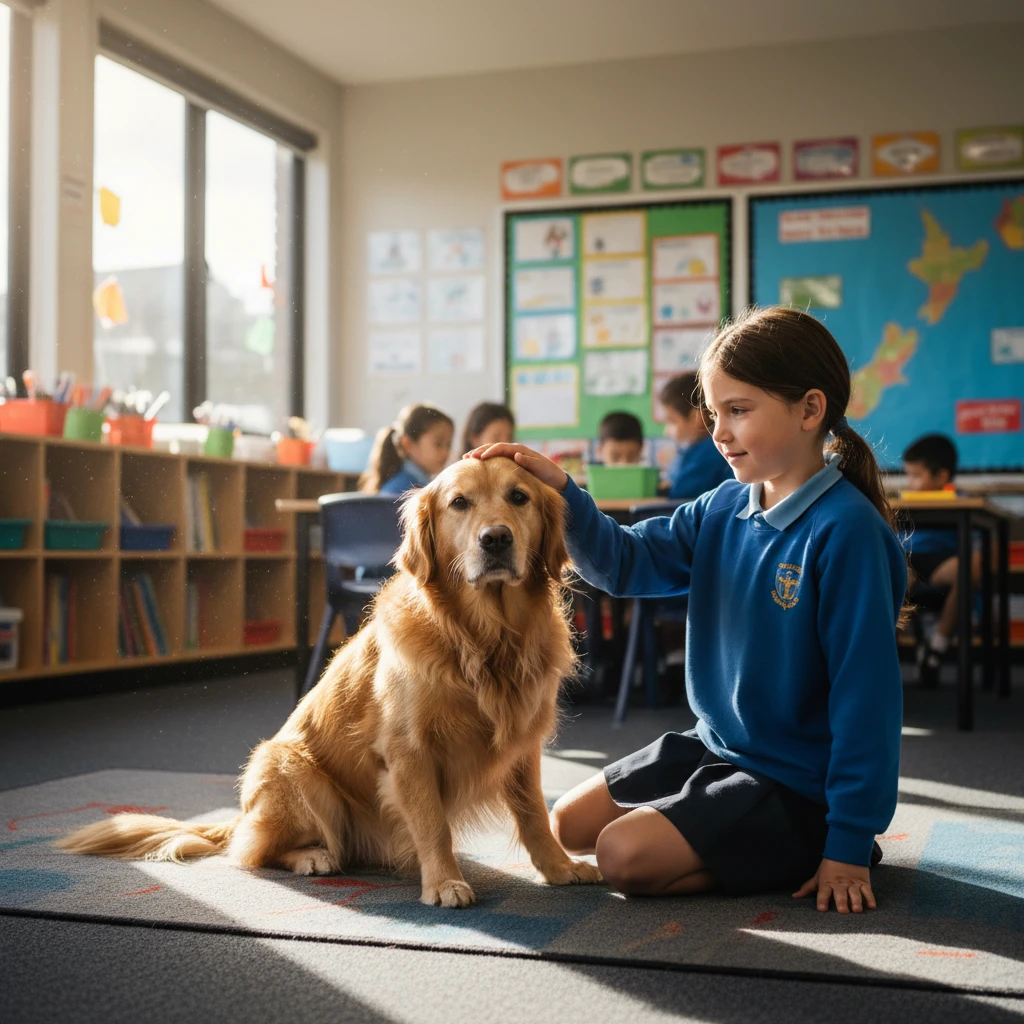 Therapy dog supporting a student in a New Zealand classroom setting