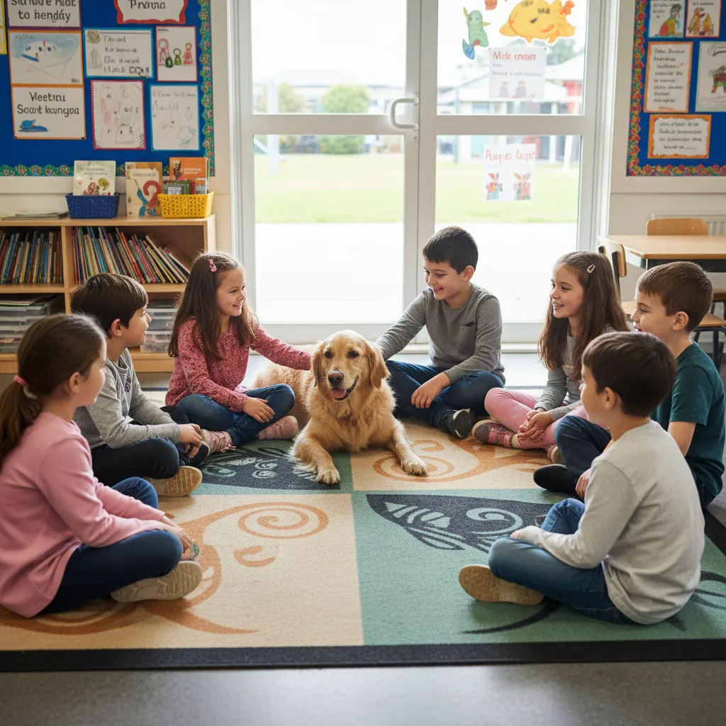 Students engaging with a therapy dog in a circle time setting