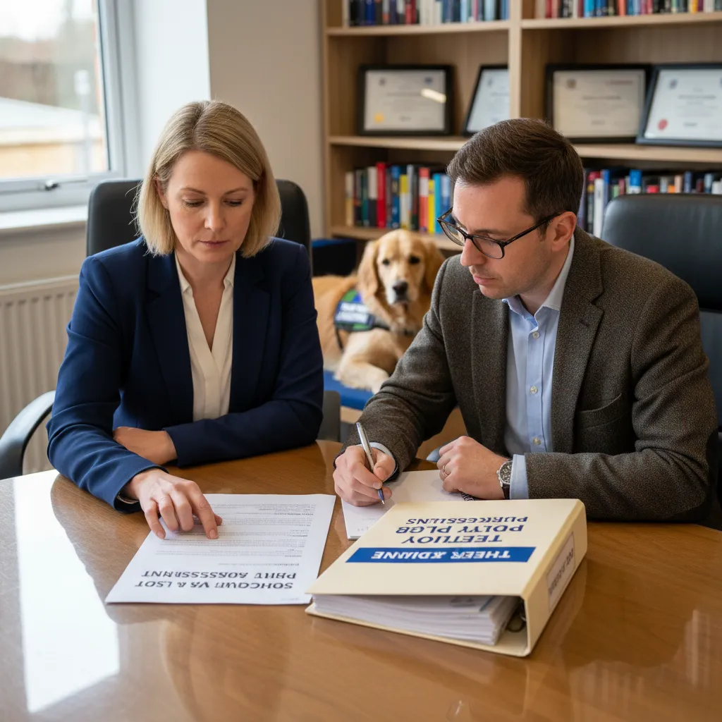 School staff reviewing risk management documentation for therapy dog program