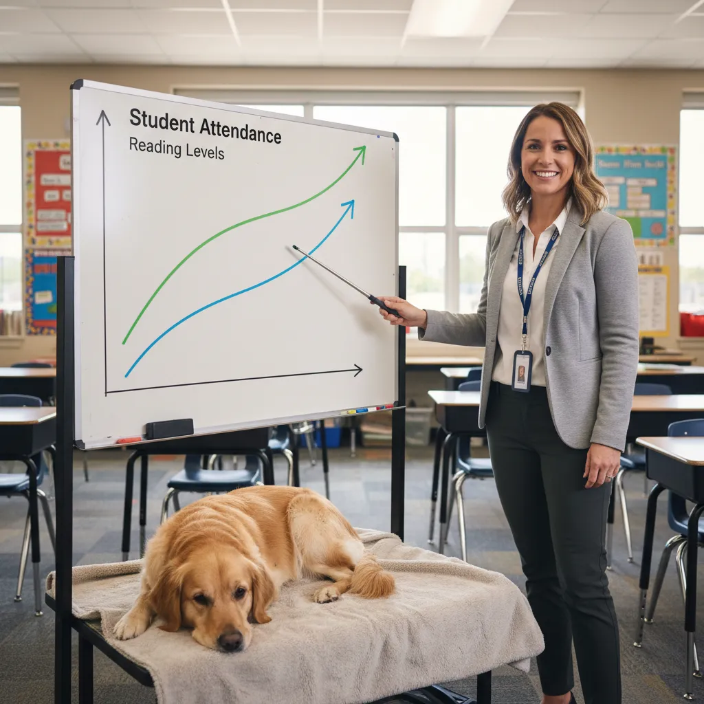 Teacher presenting success metrics of the therapy dog program