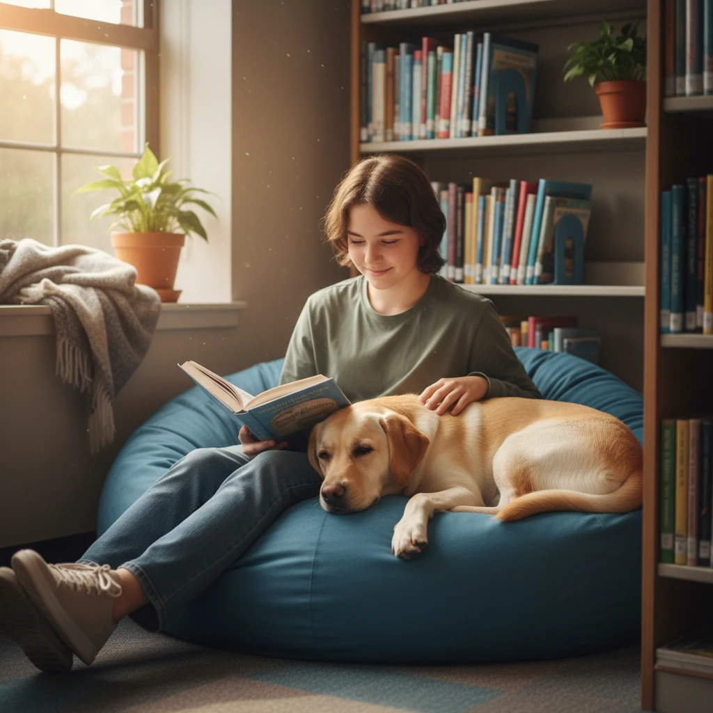 Teenager reading to a back to school anxiety support dog