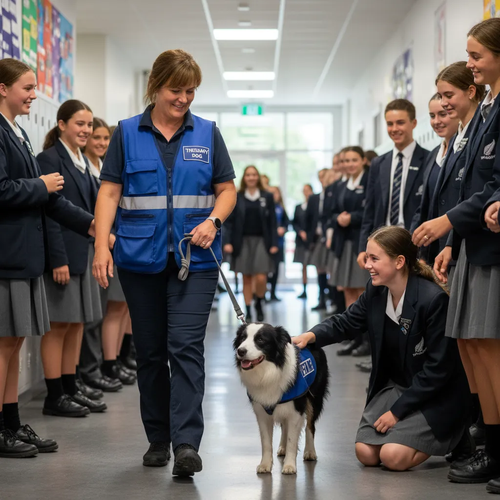 Therapy dog interacting with high school students in NZ