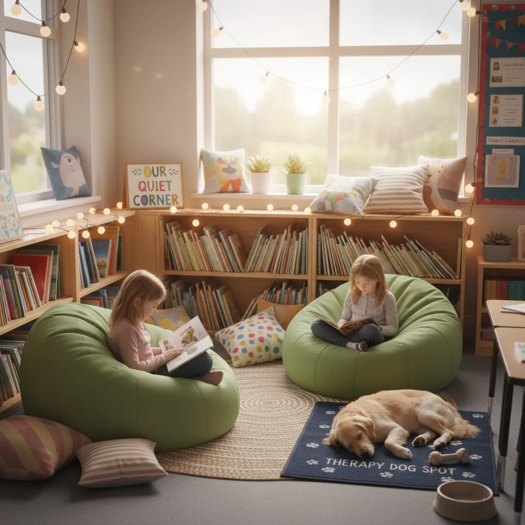 Cozy reading corner setup for animal assisted therapy in a classroom