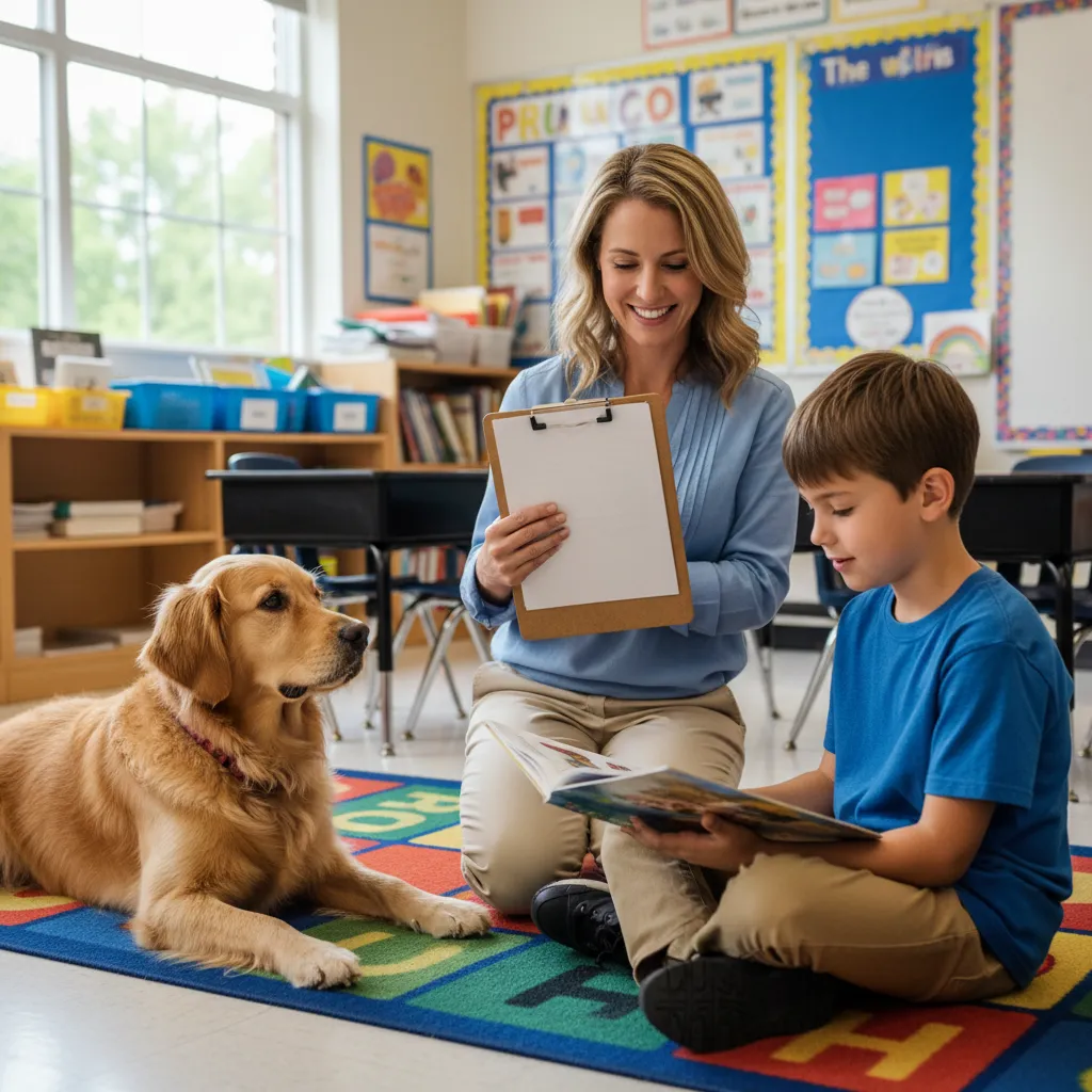 Teacher assessing student literacy progress with reading assistance dog