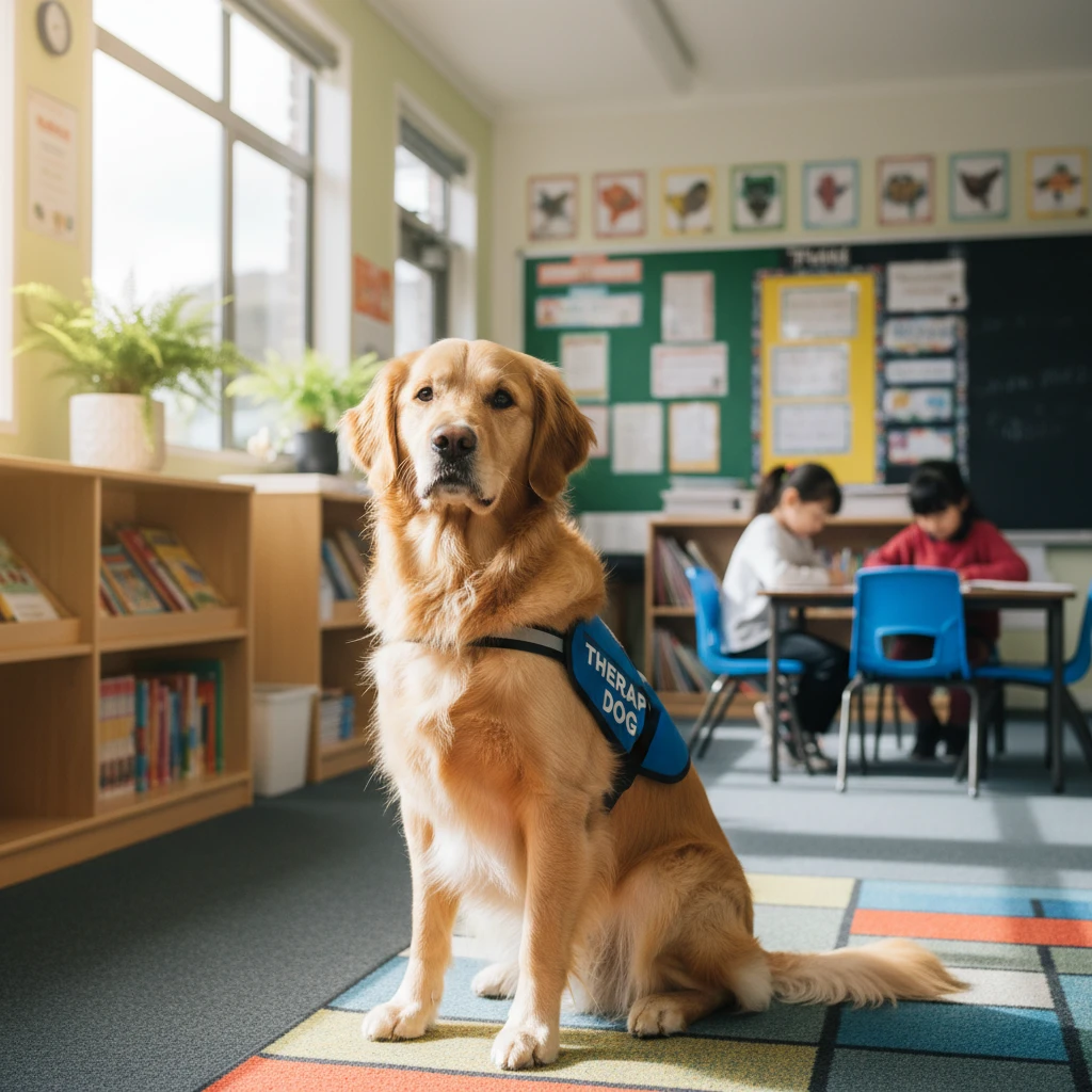 Therapy dog in a New Zealand classroom setting