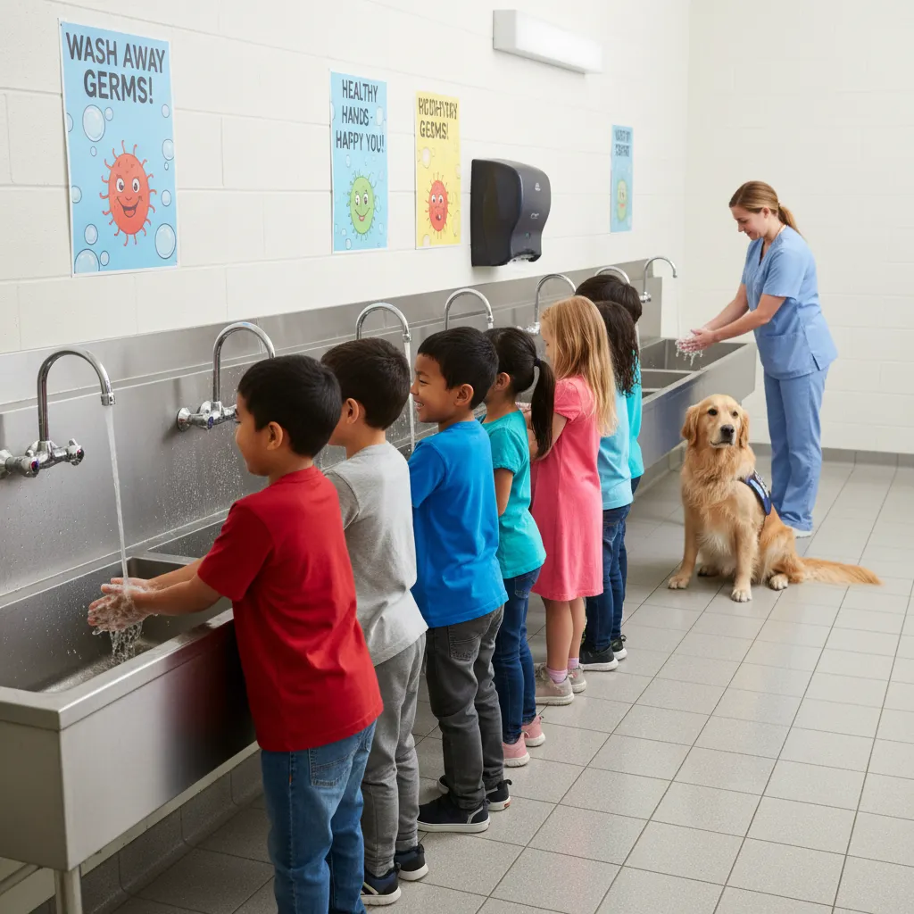 Students washing hands after petting therapy dog