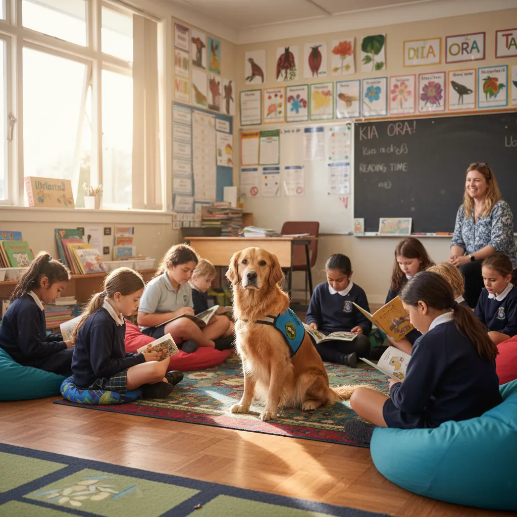 Therapy dog in a New Zealand classroom supporting special education students
