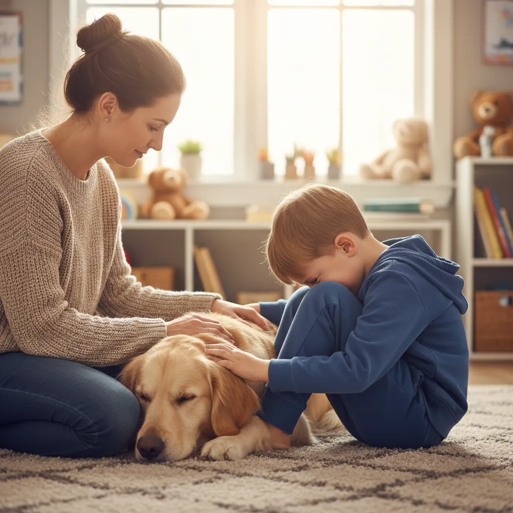 Therapy dog providing comfort during de-escalation in a quiet corner