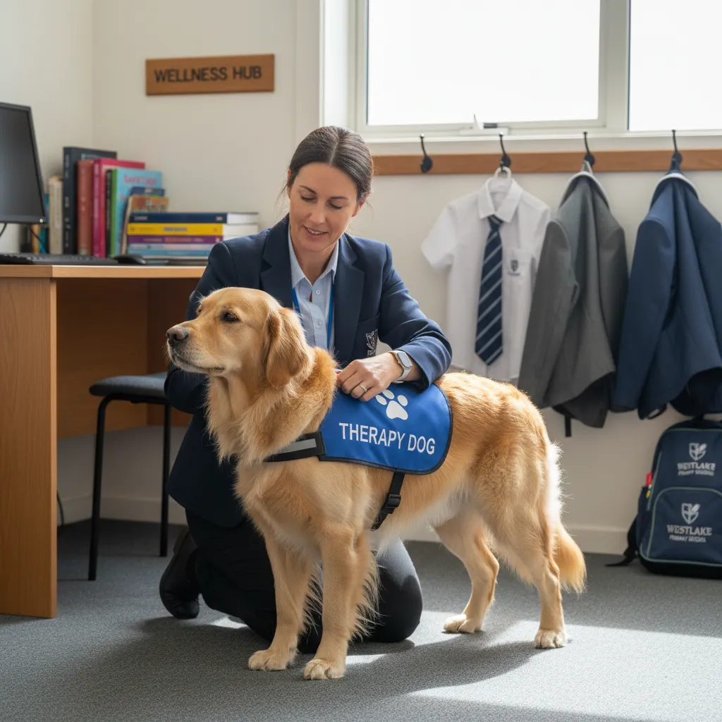 Preparing a therapy dog for a school day in NZ