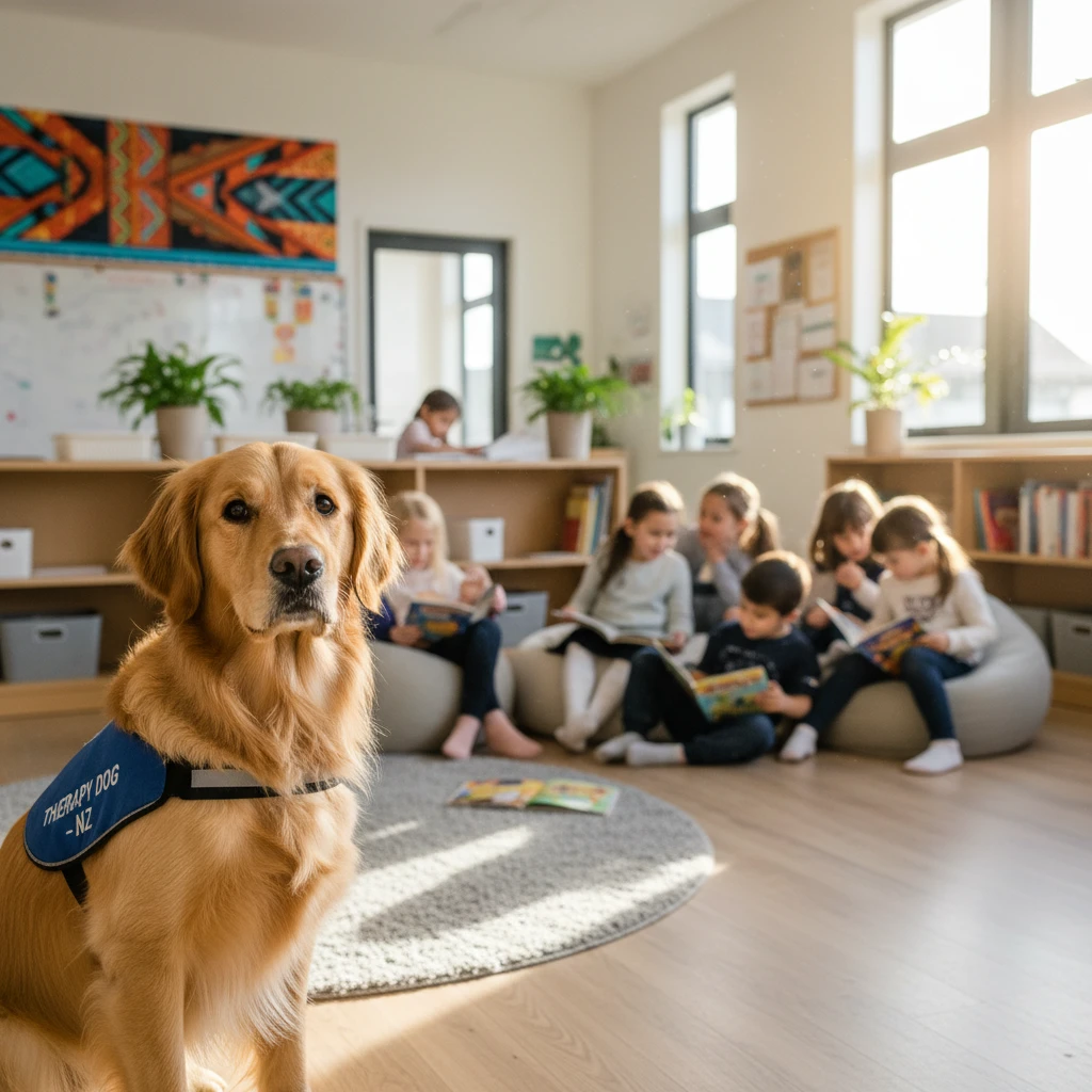 Therapy dog in a New Zealand classroom setting