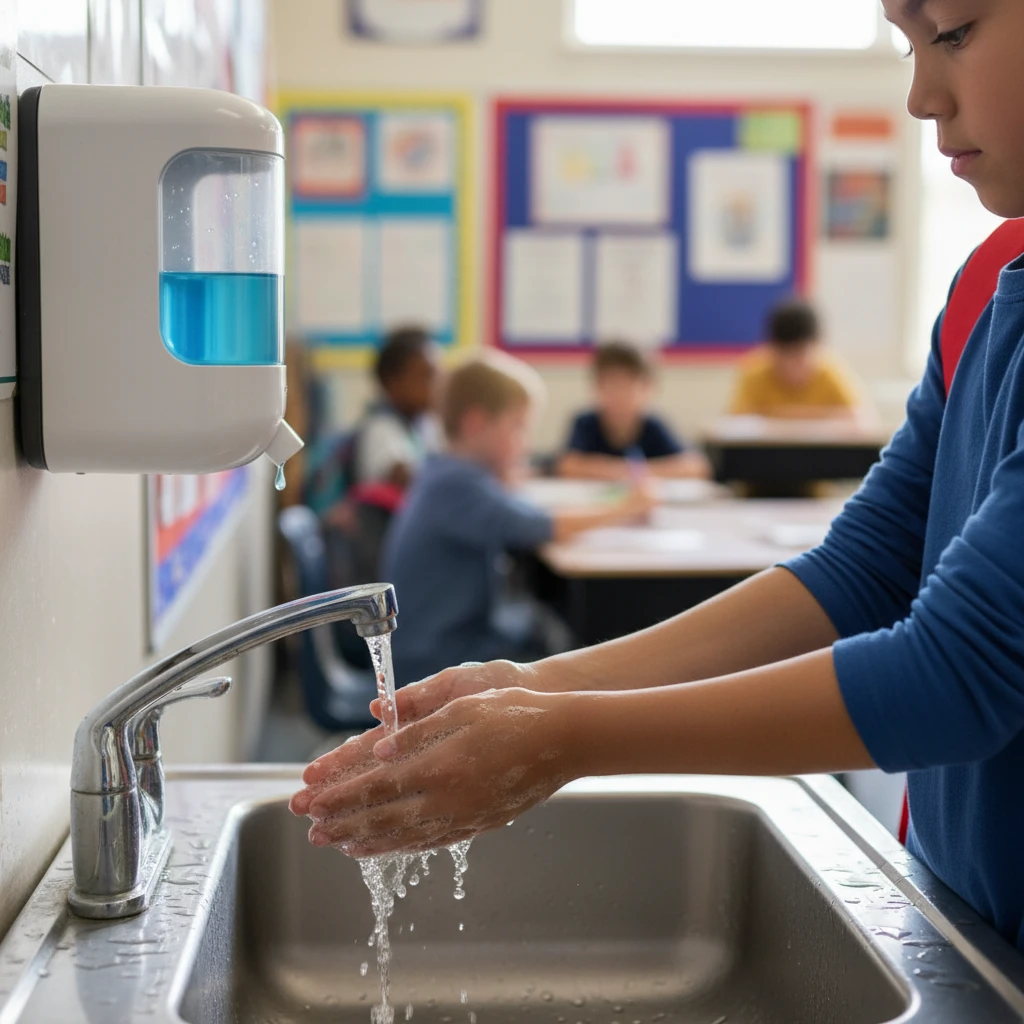 Student washing hands after interacting with a school dog