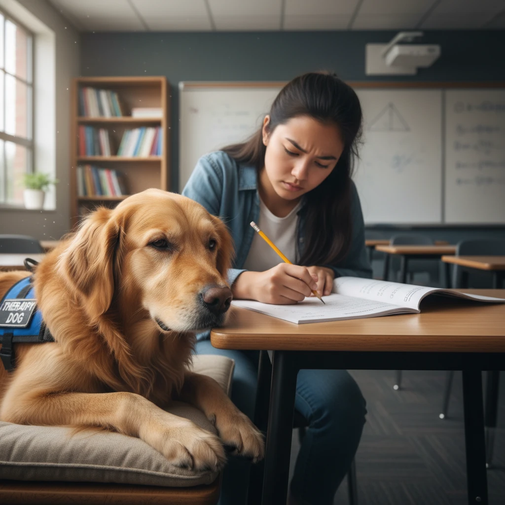 Therapy dog reducing test anxiety in a classroom setting