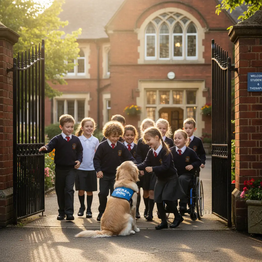 Therapy dog greeting students at school gate to improve attendance