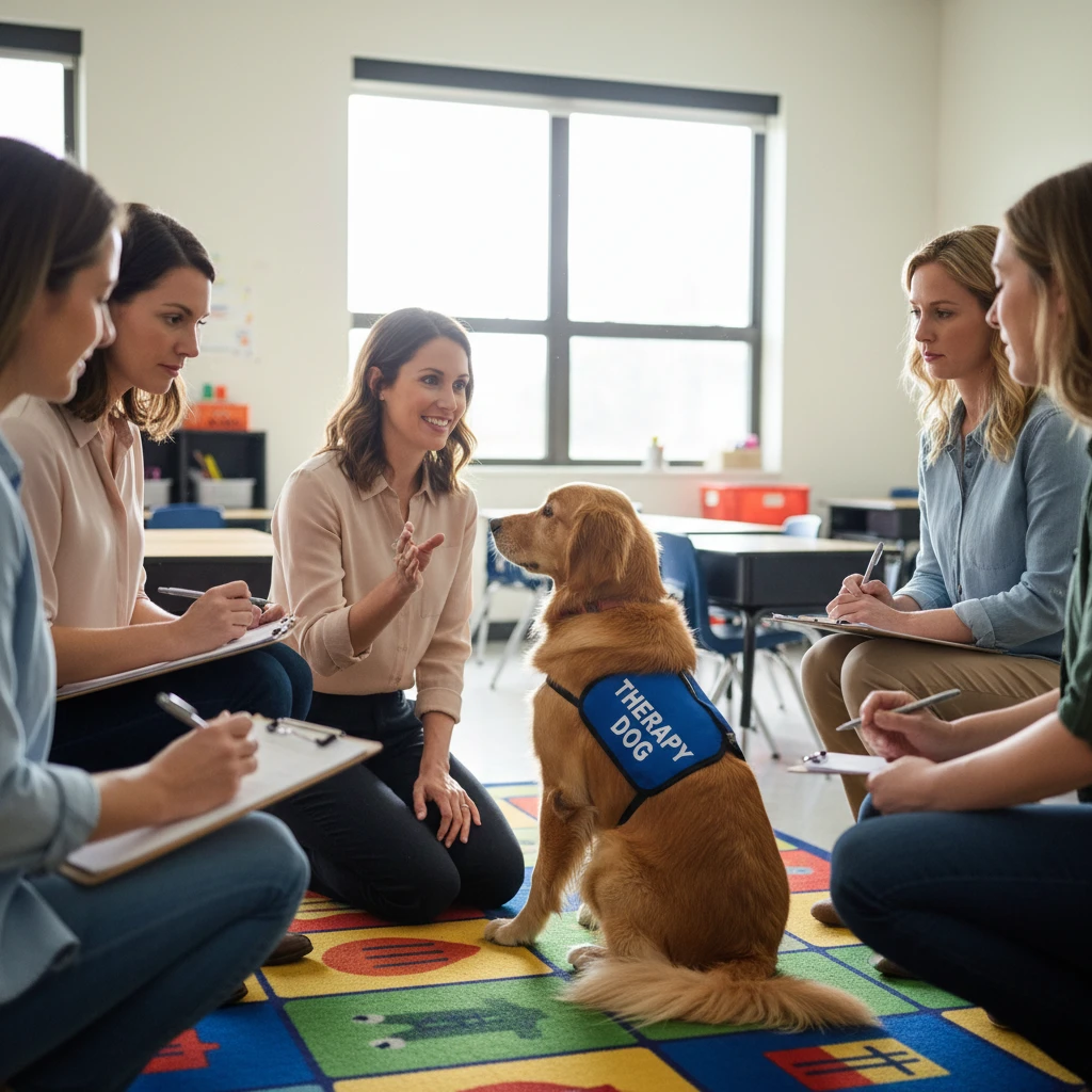 Teacher training session for canine assisted learning in a classroom