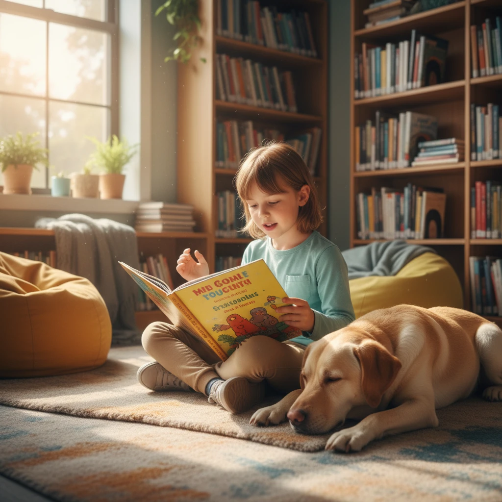 Student participating in a reading to dogs program