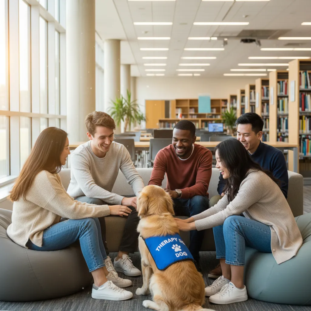 University students interacting with a wellbeing therapy dog in a library