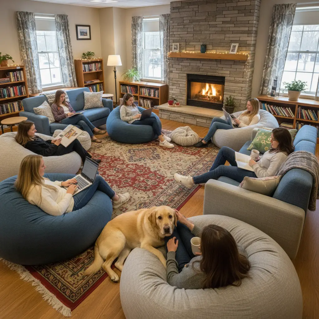 Therapy dog comforting students in a university residential hall common room