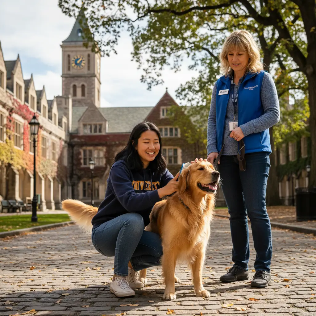 International student engaging with a wellbeing dog program on campus