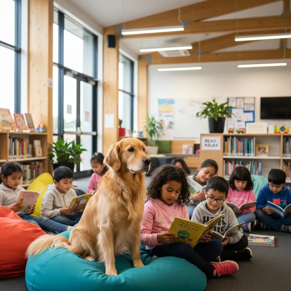 Therapy dog listening to students read in a school library