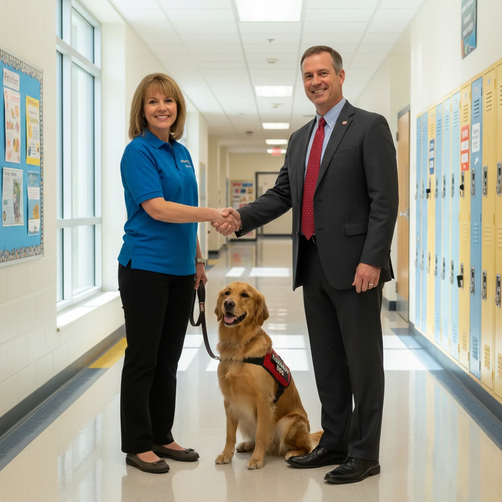 School principal meeting with therapy dog handler